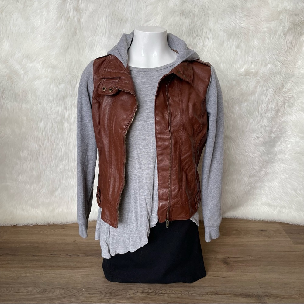 brown leather hooded jacket